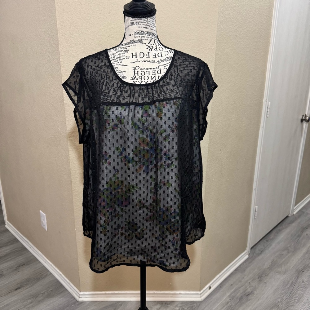 Daniel Rainn Black Sheer Polka Dot Blouse